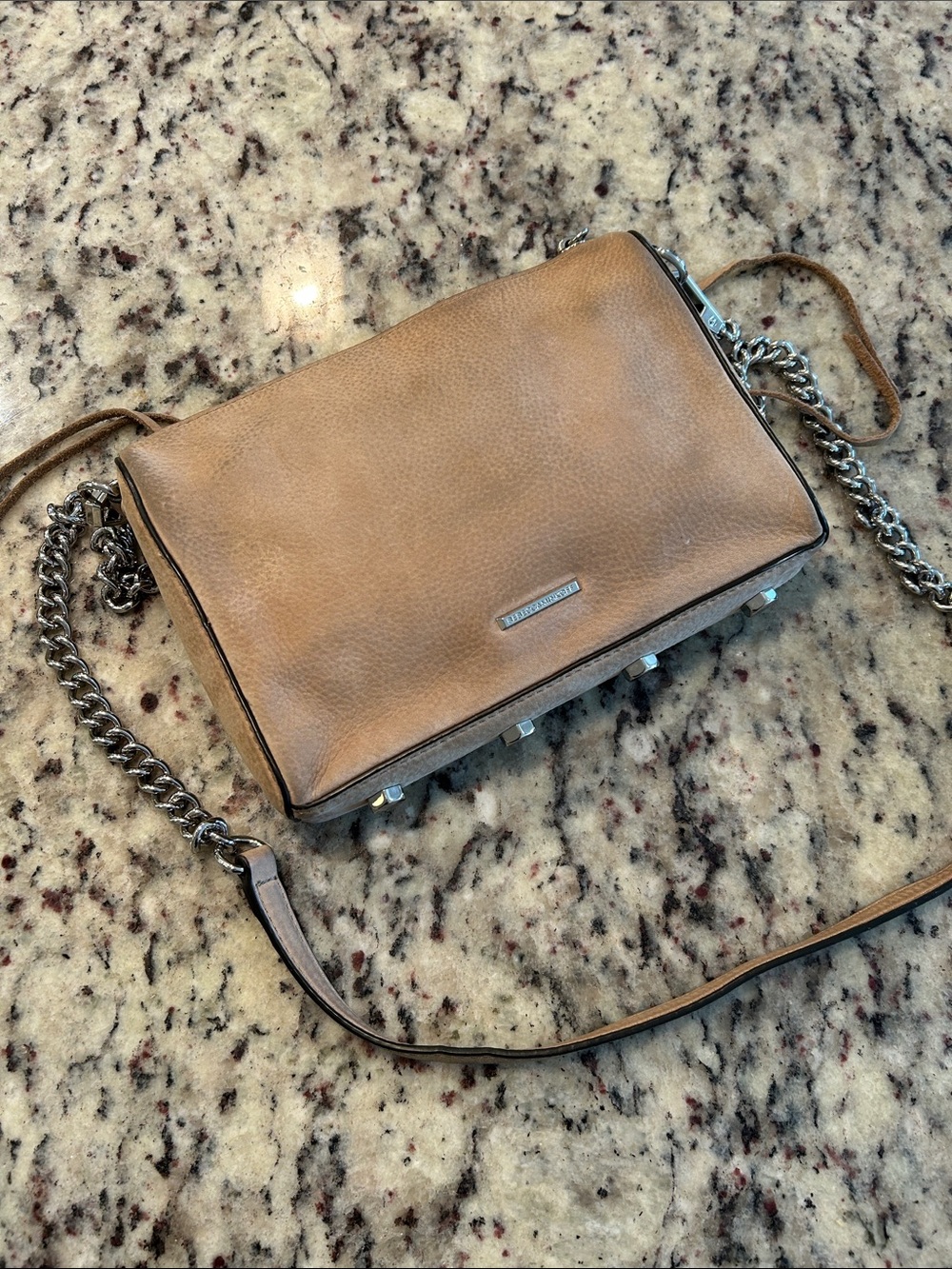 Rebecca Minkoff Tan Leather Suede  Crossbody with Silver Chain and Studs